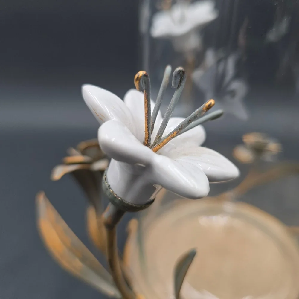 Vintage Ceramic Lily Floral Glass Vase Candle Holder Metal Base Centerpiece